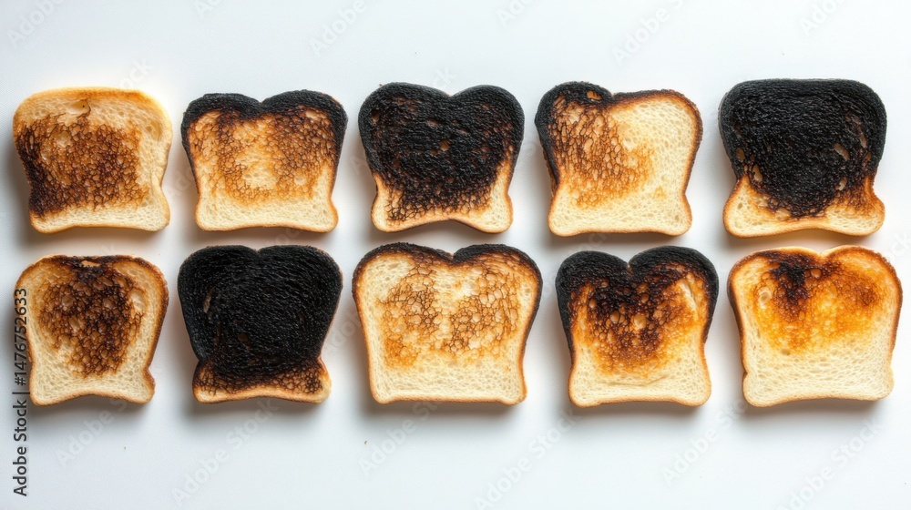 Poster toast progression displayed overhead on white background showing burnt and golden brown slices in a 