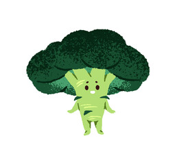 Joyful broccoli stands with happy facial expression. Cute brocoli smiles. Funny green vegetable, cartoon character with positive emotions. Flat isolated hand drawn illustration on white background