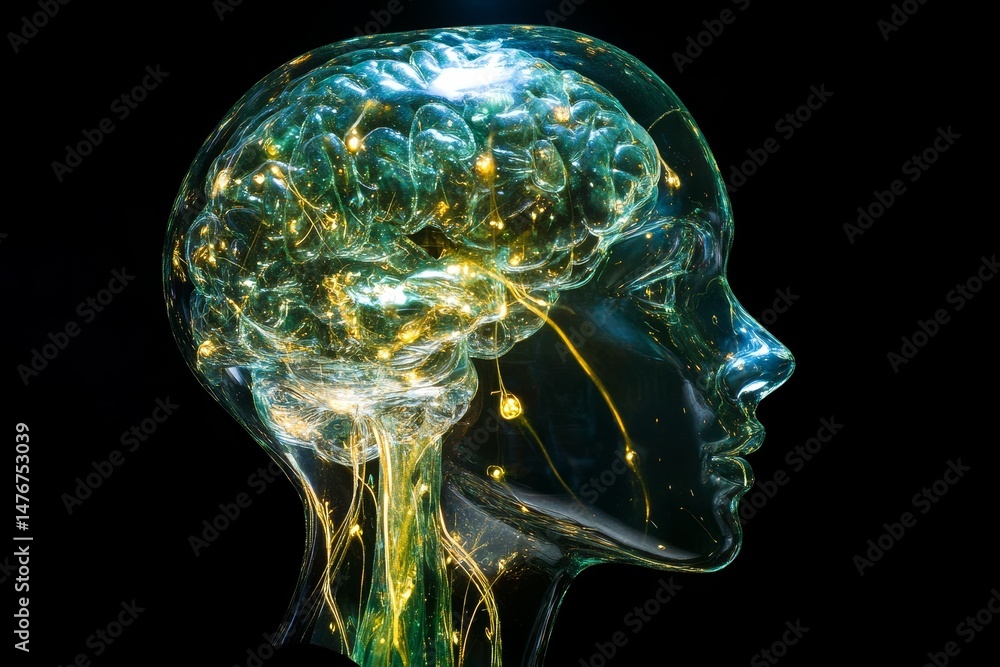 Poster translucent profile view of a head with highlighted neural pathways.