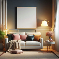 modern living room with sofa and blank frame photo