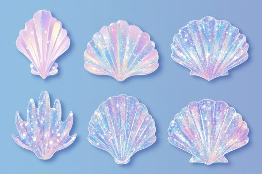 Iridescent Seashells on Blue Background Flat Lay Illustration of Shimmering Sea Shells for Summer and Beach Themes