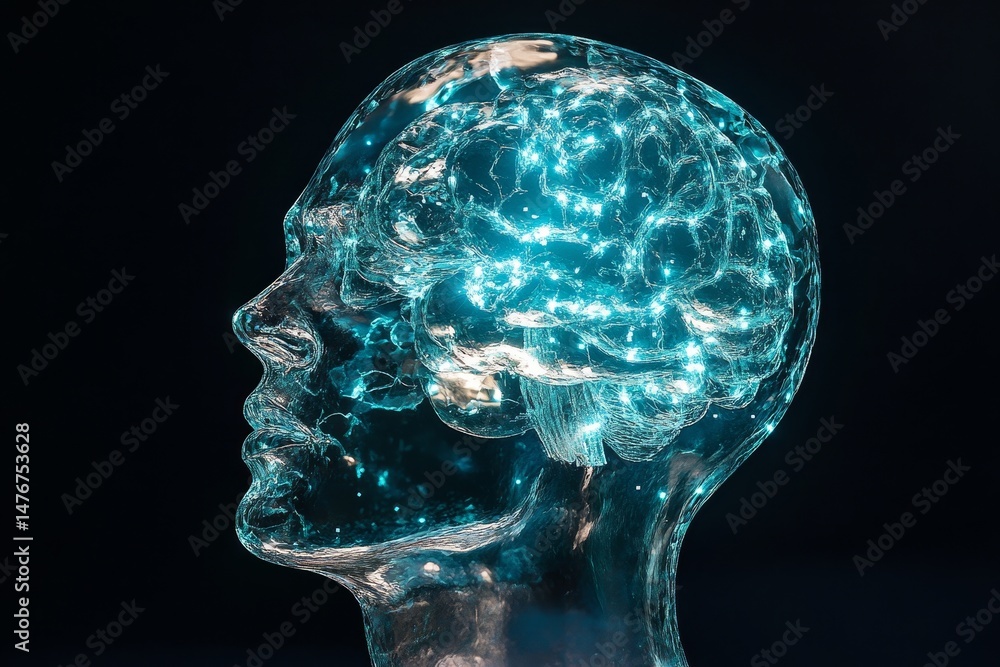 Poster conceptual image of a transparent head with glowing brain.