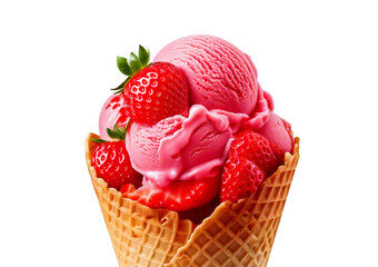 Strawberry ice cream in waffle cone isolated on transparent or white background