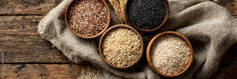 Poster Whole Grains Arranged in Wooden Bowls on a Textured Cloth With a Rustic Background