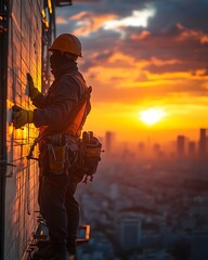 Fototapeta premium Sunset construction scene worker standing on scaffold securing tall building panels high resolution image