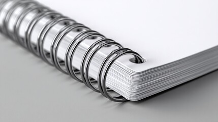 Close-up of a wire-bound notebook featuring blank white pages, showing the detail of the binding and paper texture. Study, creative, or business-related background.