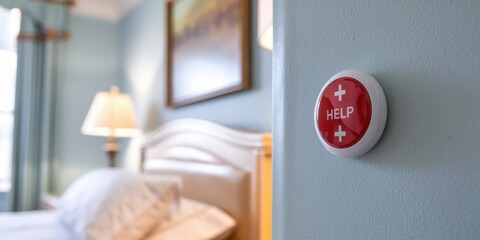 Naklejka premium Senior living homes options concepts. A bedroom with a help button on the wall, highlighting safety features in a serene environment.