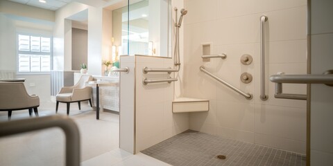 Senior living homes options concepts. Modern accessible bathroom with safety grab bars and elegant decor elements.