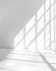 Minimalist Interior with Sunlight Streaming Through Window Casting Shadows on White Wall and Floor in Empty Room