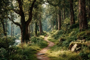 Fototapeta premium A Path Through the Tranquil Forest: Serene Walkway in Lush Green Woodlands with Glimpses of Sunlight
