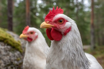Fototapeta premium White Chickens in Serene Forest Setting: A Rustic Portrait