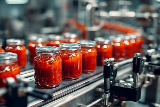 Jars of tomato sauce moving on conveyor belt in food processing plant