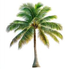 Obraz premium Isolated coconut palm tree rising tall against a white background showcasing tropical foliage and textured trunk