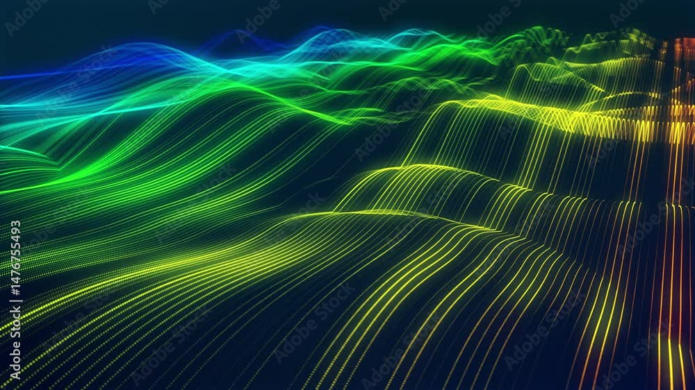 Poster stunning surface composed of neon glow particles that form waves of light. captivating seamless loop