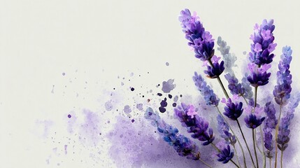 Obraz premium Watercolor lavender sprigs in soft purples, evoking a calm and natural atmosphere. Watercolor splashes accent the floral arrangement.