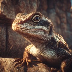 Obraz premium Close-up of a Regal Bearded Dragon Perched on Rock Formations, Captured in Natural Light