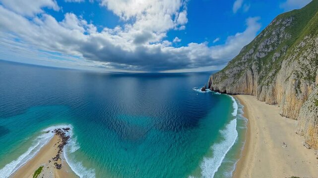 Aerial view of a beach, cliff above the water - 360 loop video
