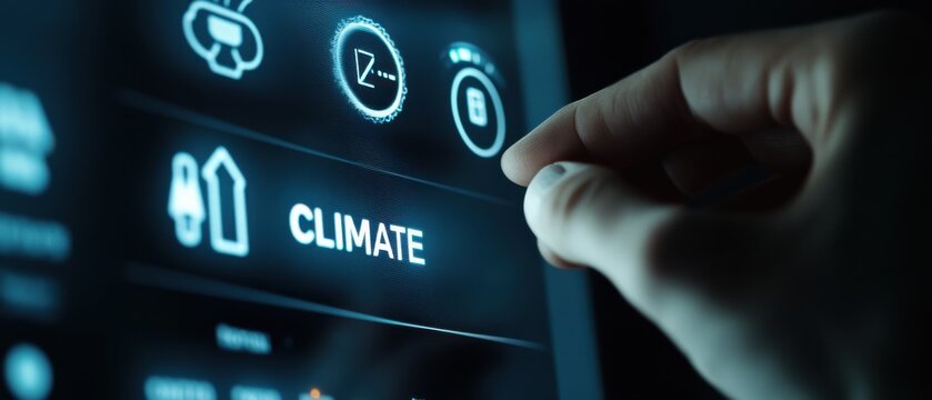 Mans finger touching climate control screen in modern car, adjusting temperature settings for comfortable driving experience with advanced technology