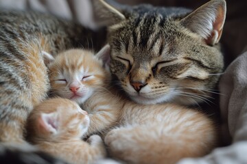 Naklejka premium Nursing Cat. Mother Cat Caring for Cute Baby Kittens in Family Environment