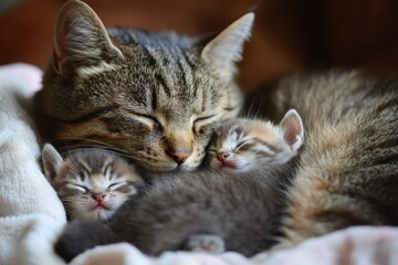 Nursing Cat. Mother Cat Nursing Adorable Baby Kittens in a Heartwarming Family Scene