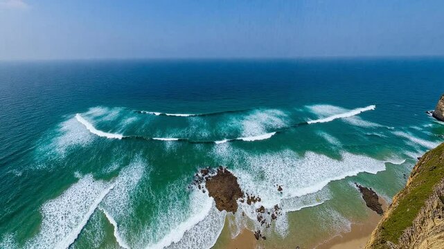 Aerial view of a beach, cliff above the water - 360 loop video