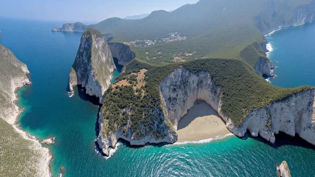 Aerial view of a beach, cliff above the water - 360 loop video