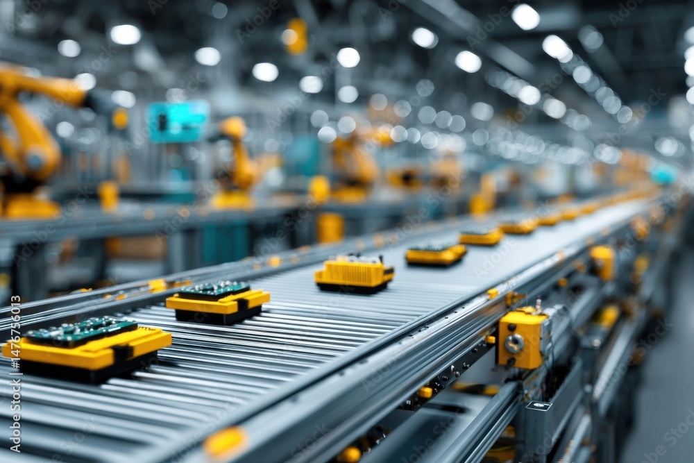 Poster automated production line with robotic arms assembling electronic components on a conveyor belt in a