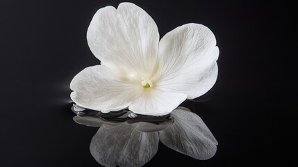 Fototapeta premium Elegant White Hydrangea Blossom Reflecting on Black Surface Studio Shot Close Up Macro Still Life