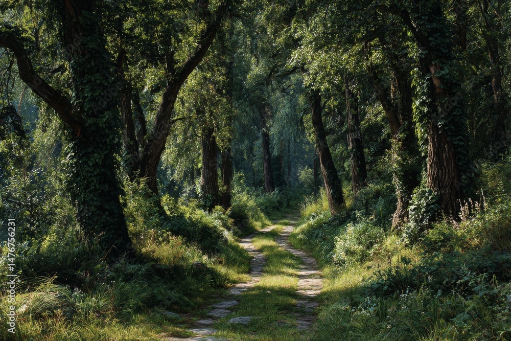 Poster enchanted forest path: a sun-dappled trail winds through a lush, green forest, inviting exploration 