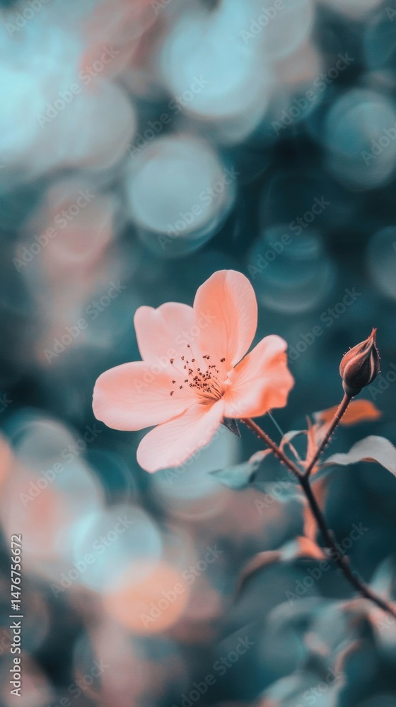 Poster close-up of a delicate pink flower and bud against a dreamy bokeh background with soft lighting and 