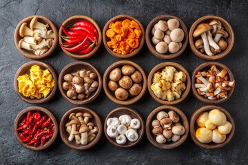 Assortment of Mushrooms and Chili Peppers in Wooden Bowls