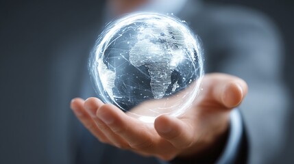 Global Connectivity: A glowing globe in hand, symbolizing international network and data exchange. Universal data transfer in the palm of your hand.