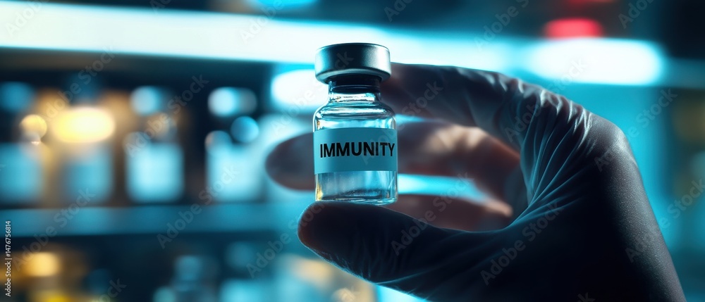Aufkleber gloved hand holding immunity vaccine vial in laboratory for medical research and development of trea