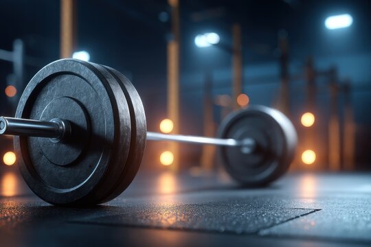 Barbell loaded with heavy weights sitting on the floor of a modern, dimly lit gym, ready for strength training and intense workout sessions, promoting a healthy lifestyle.