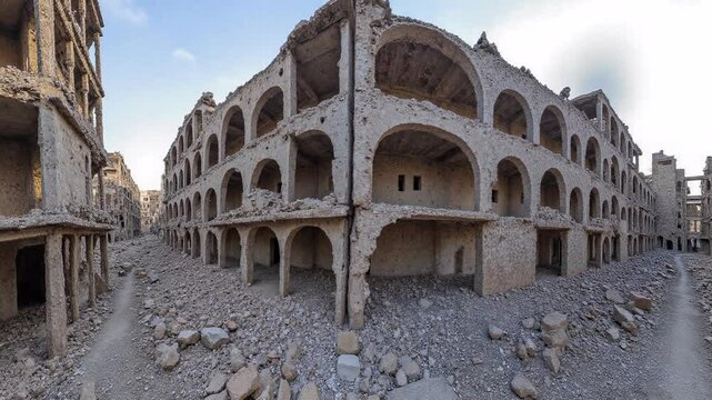 Destroyed buildings in the streets of a city, clear sky, war torn city - 360 loop video