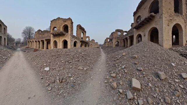 Destroyed buildings in the streets of a city, clear sky, war torn city - 360 loop video