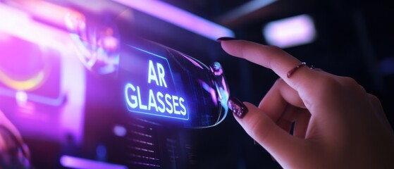 Obraz premium Womans hand interacting with AR Glasses interface in a futuristic, neonlit environment Concept of augmented reality, technology, and digital lifestyle