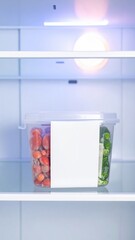 Frozen vegetables in plastic container on refrigerator shelf