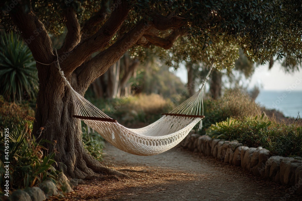Poster secluded seaside retreat: hammock suspended between ancient tree trunks, offering a moment of tranqu