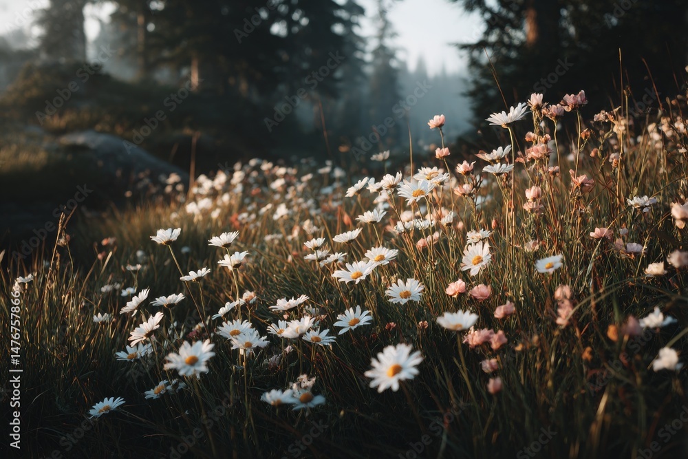 Poster serene daisy meadow at dusk: a golden hour glow illuminates a field of daisies with forest in the ba