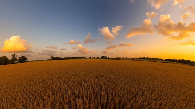 Among oats fields in summer evening sunset with beautiful clouds - 360 loop video