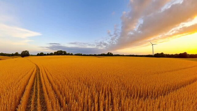 Among oats fields in summer evening sunset with beautiful clouds - 360 loop video