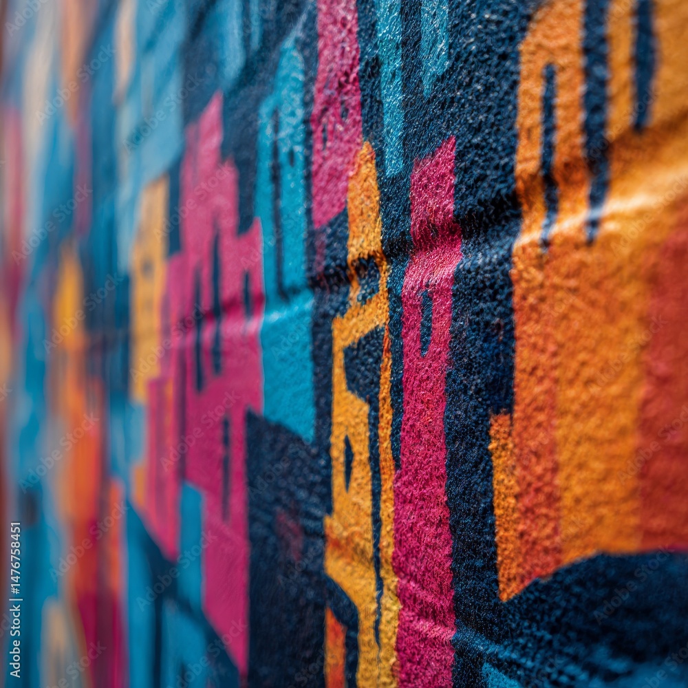 Poster urban art close-up: vibrant graffiti mural with textured paint application and dynamic color palette