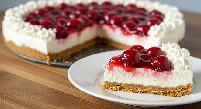 Slice of cherry cheesecake with whipped cream on a plate, with the rest of the cake in the background. Delicious dessert with fruit topping on wooden table.