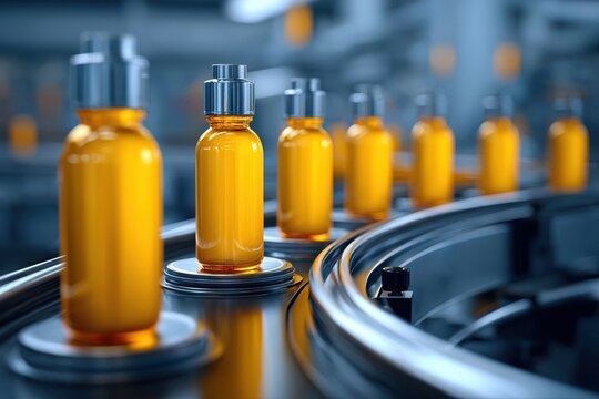 Pharmaceutical production line featuring yellow liquid bottles with blue tops moving along the conveyor belt for automated filling and packaging in a controlled environment.