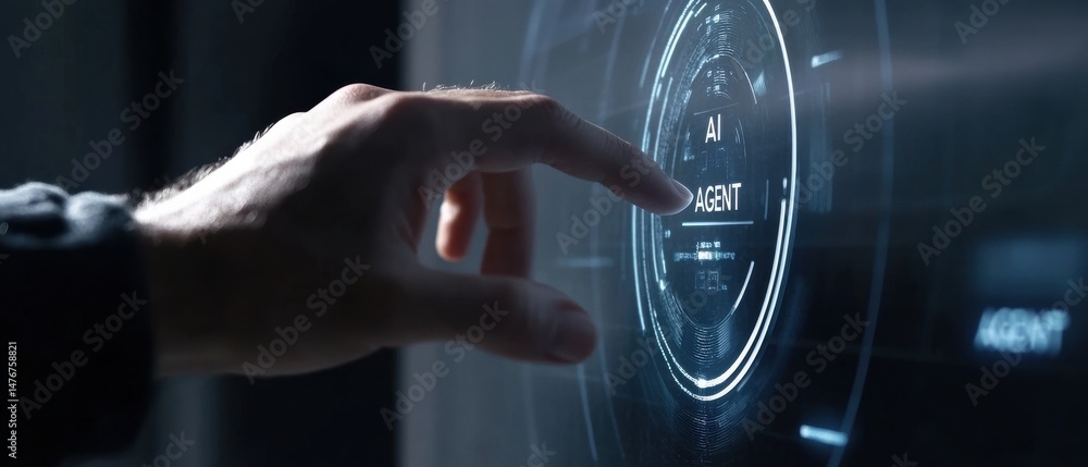 Poster mans hand interacting with futuristic ai agent interface on a digital touch screen concept of artifi