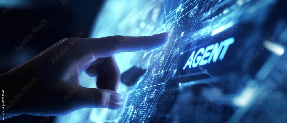Poster human hand touching digital screen with glowing agent text, interacting with futuristic interface co