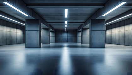 Obraz premium The basement room on the bottom floor of the building's parking lot is empty in an industrial cast concrete style. Abstract modern minimal background