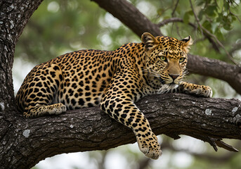 Leopard relaxing on tree branch