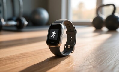 Modern Fitness Tracker with Digital Display on Wooden Surface in Morning Sunlight with Exercise Equipment Background